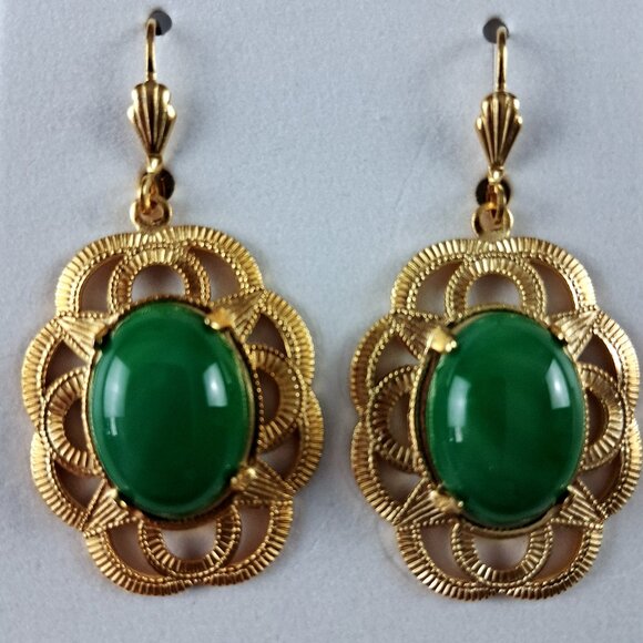 Alzi by Alzerina Magnolia Earrings 24K Gold Plated Jade Austrian Crystal Dangle - Picture 1 of 4